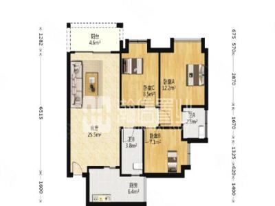 聚豪雅居小区3室2厅1卫户型图1