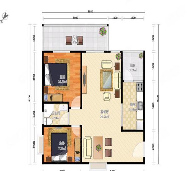 汇星豪庭小区2室2厅1卫户型图5