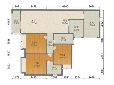 美的明湖观澜别墅小区3室2厅2卫户型图1