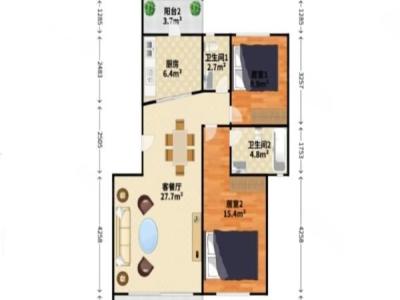 东康庭小区2室2厅2卫户型图3
