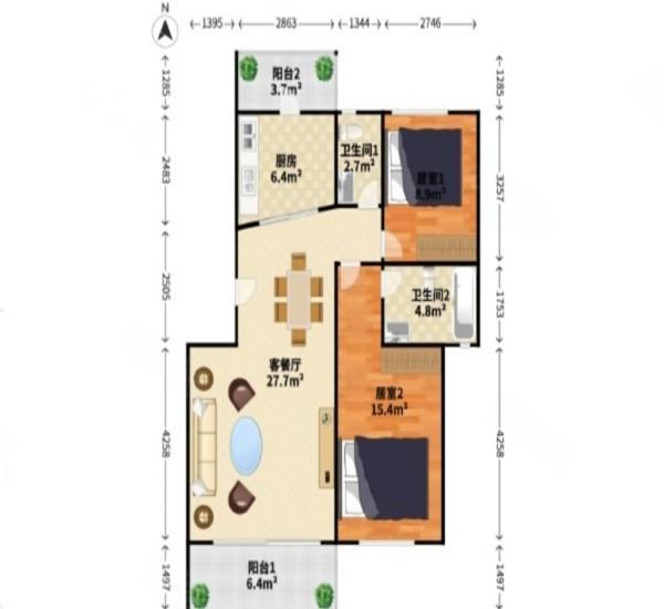东康庭小区2室2厅2卫户型图