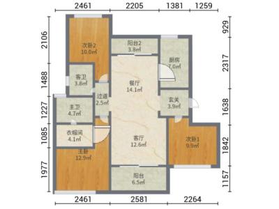 中海山湖世家小区3室2厅2卫户型图1