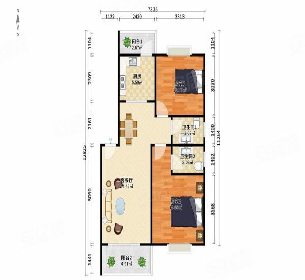 顺景蔷薇山庄小区2室2厅2卫户型图2