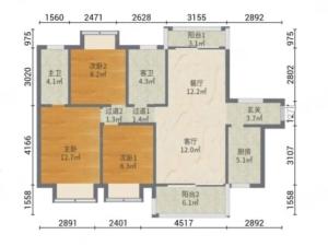 德州中心城盛荟 3室2厅 108.75㎡ 精装_德州中心城盛荟二手房户型图片2